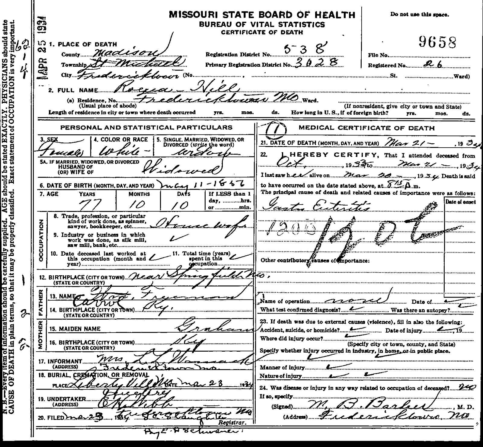 Missouri certificate of death — Mrs. Roena Hill