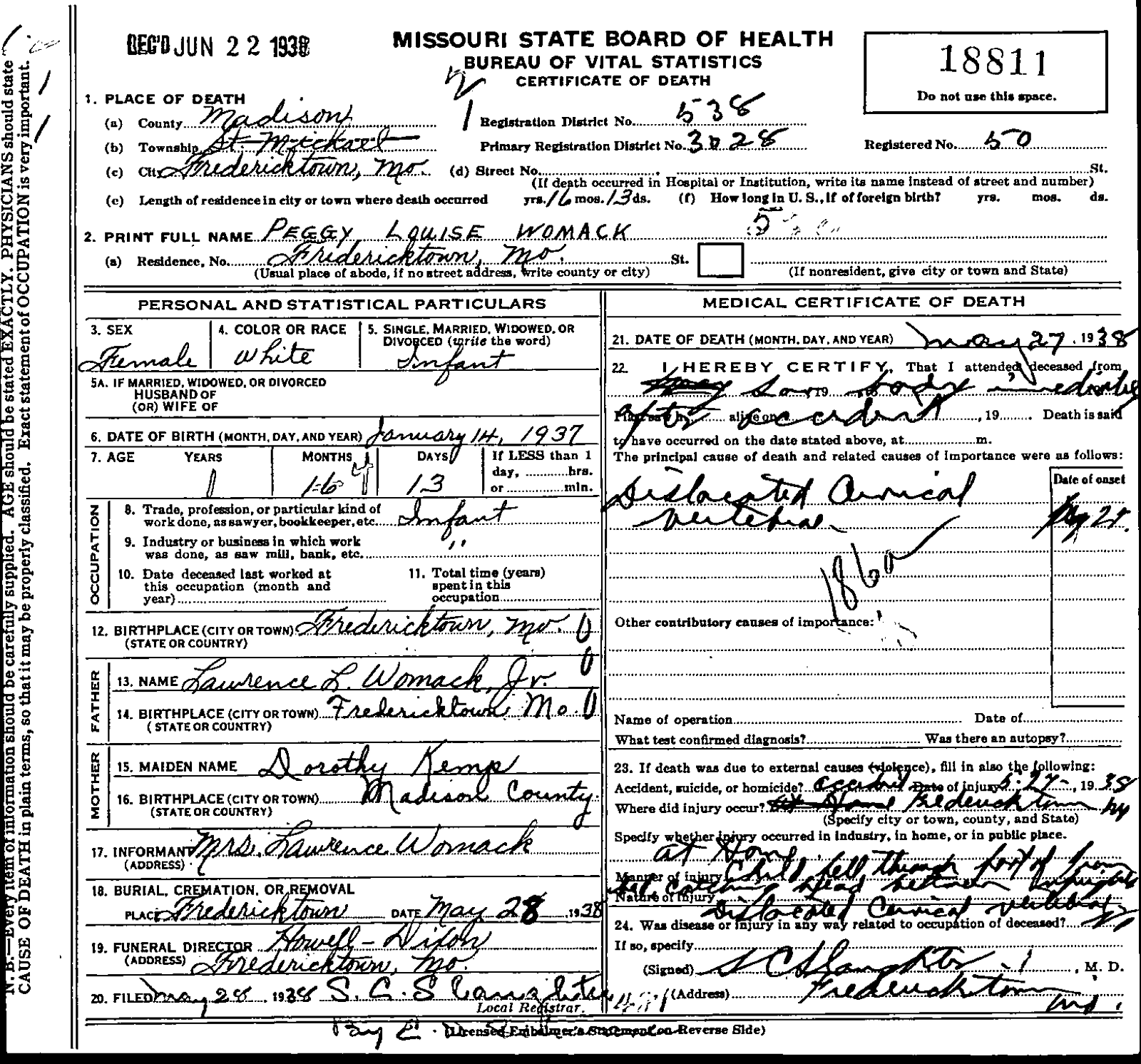 Missouri certificate of death — Peggy Louise Womack