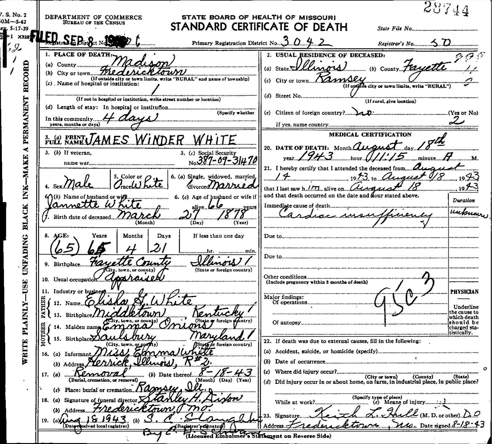 Missouri certificate of death — James W. White