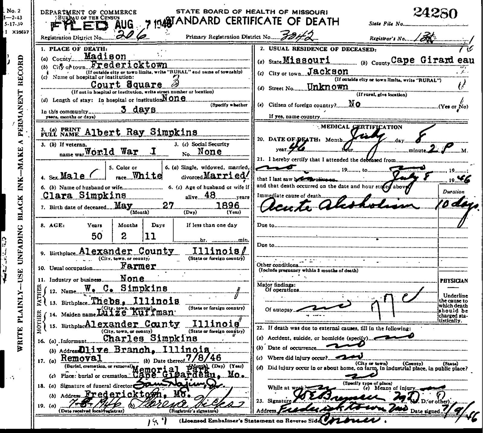 Missouri certificate of death — Ray Simpkins