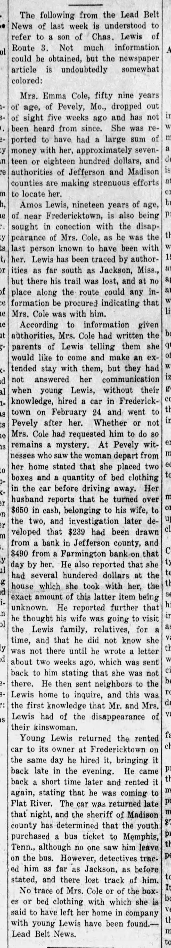 The first report: Mrs. Emma Cole, missing since February 24.